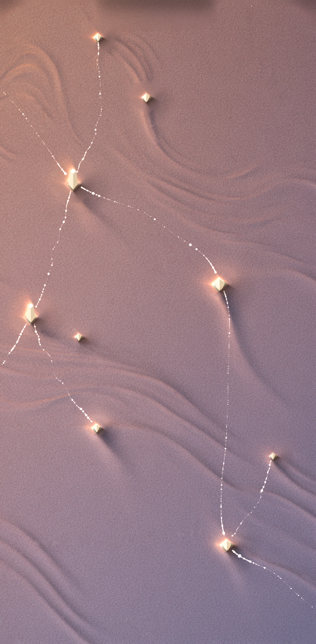 The map reference: pale sand sculpted into slow silky folds, small glowing geometric monuments pouring warm light onto it, linked by sparkling dotted caravan trails